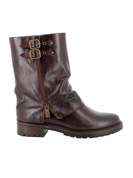 STIVALETTI TACCO BASSO IN PELLE CON FIBBIE DONNA MARRONE