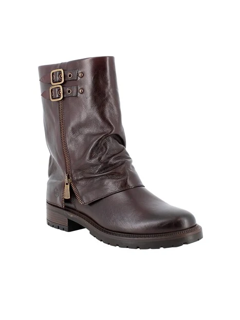 STIVALETTI TACCO BASSO IN PELLE CON FIBBIE DONNA MARRONE
