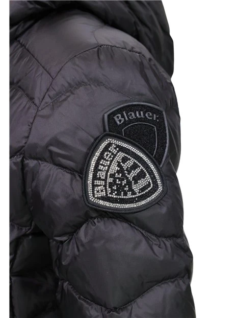 PIUMINO CON CAPPUCCIO E LOGO STRASS DONNA NERO