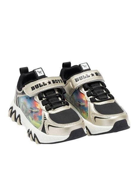 SNEAKERS BASSE CON STRAPPO E STAMPA DINOSAURO BAMBINO ORO