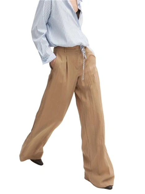 PANTALONI PALAZZO  IN MISTO LYOCELL EFFETTO CRINKLE CON PINCE DONNA BEIGE