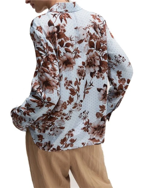 CAMICIA IN RASO DI VISCOSA CON FANTASIA FLOREALE E BOTTONI IN MADREPERLA DONNA AZZURRO