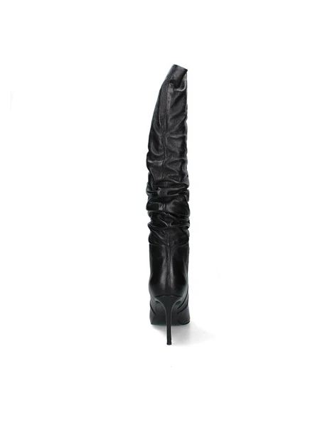 STIVALI TACCO ALTO IN PELLE CON GAMBALE ARRICCIATO DONNA NERO
