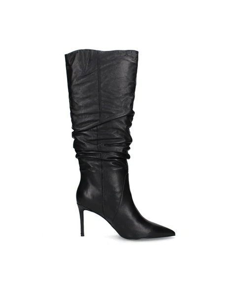 STIVALI TACCO ALTO IN PELLE CON GAMBALE ARRICCIATO DONNA NERO