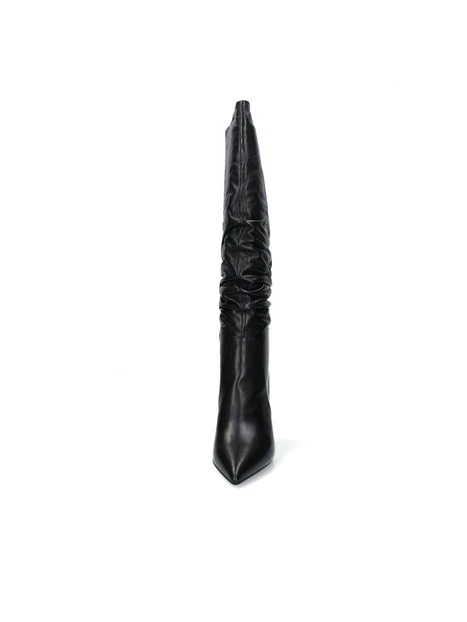 STIVALI TACCO ALTO IN PELLE CON GAMBALE ARRICCIATO DONNA NERO