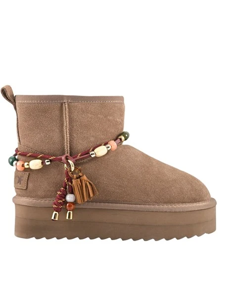STIVALETTI TACCO BASSO PLATFORM IN PELLE SCAMOSCIATA CON PERLE E NAPPA DONNA TORTORA