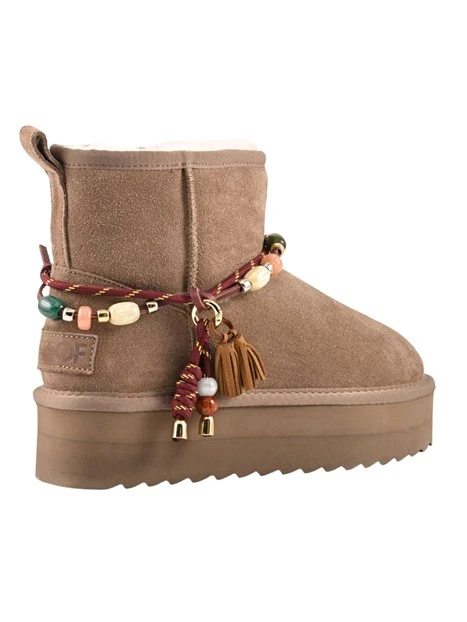 STIVALETTI TACCO BASSO PLATFORM IN PELLE SCAMOSCIATA CON PERLE E NAPPA DONNA TORTORA