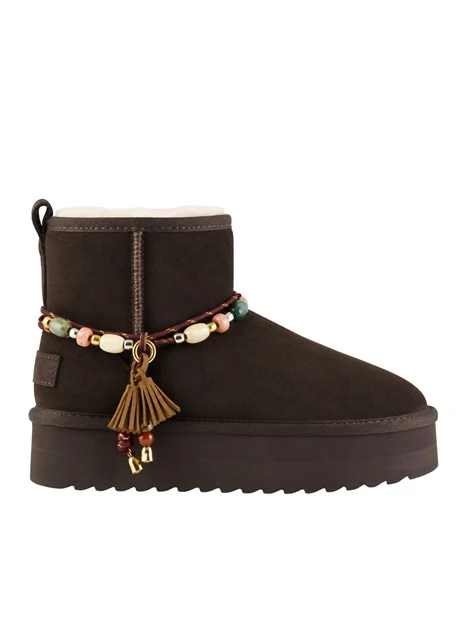 STIVALETTI TACCO BASSO PLATFORM IN PELLE SCAMOSCIATA CON PERLE E NAPPA DONNA MARRONE