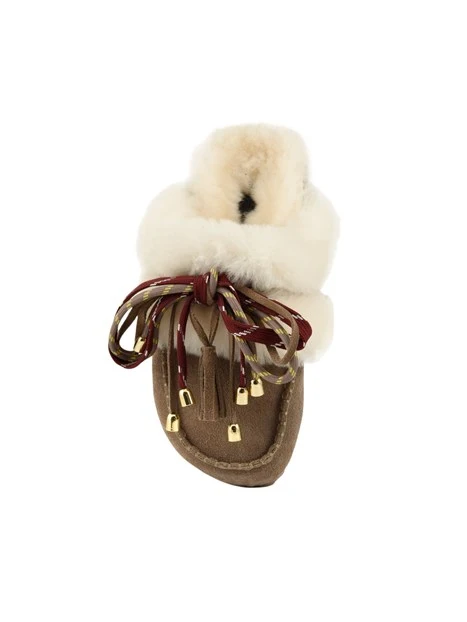 SABOT IN PELLE SCAMOSCIATA CON ECOPELLICCIA E LACCI DONNA BEIGE