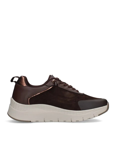 SNEAKERS BASSE IN PELLE E TESSUTO CON LOGO LATERALE DONNA MARRONE