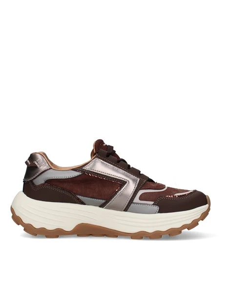 SNEAKERS BASSE CON SUOLA CHUNKY E INSERTI METALLIZZATI DONNA MARRONE
