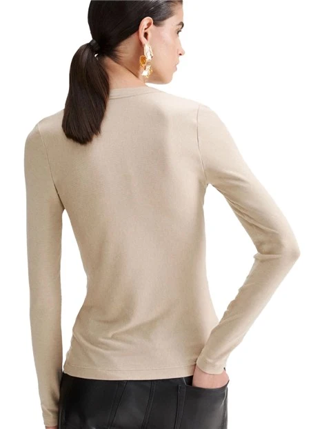 T-SHIRT MANICA LUNGA ADERENTE IN LYOCELL E LANA CON SCOLLO A V DONNA BEIGE