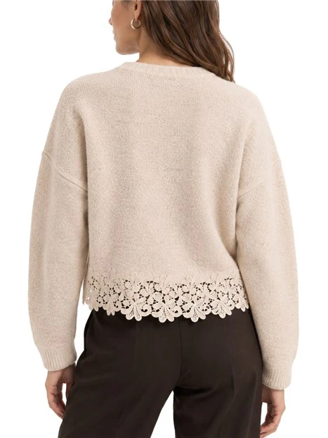 MAGLIA GIROCOLLO MODELLO BOXY CON INSERTO IN PIZZO DONNA AVORIO