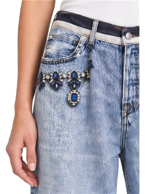 JEANS A ZAMPA 5 TASCHE CON FANTASIA STAMPATA DONNA BLU