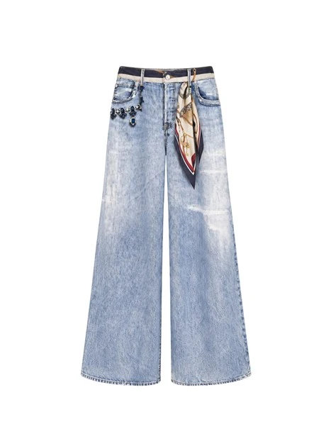 JEANS A ZAMPA 5 TASCHE CON FANTASIA STAMPATA DONNA BLU