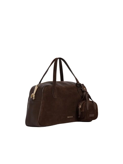 BORSA A SPALLA IN CAMOSCIO CON MANICI IN PELLE LISCIA DONNA MARRONE